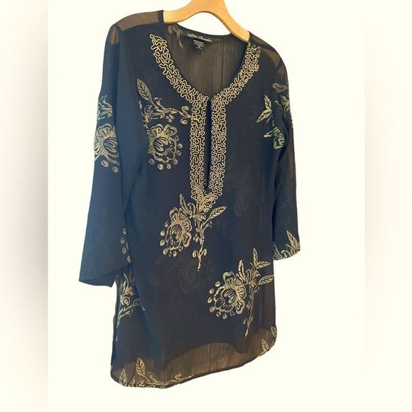 Silk Theads Sz S Black Heavy Gold Beaded Collar Metallic Roses Design Tunic Top - Picture 4 of 6
